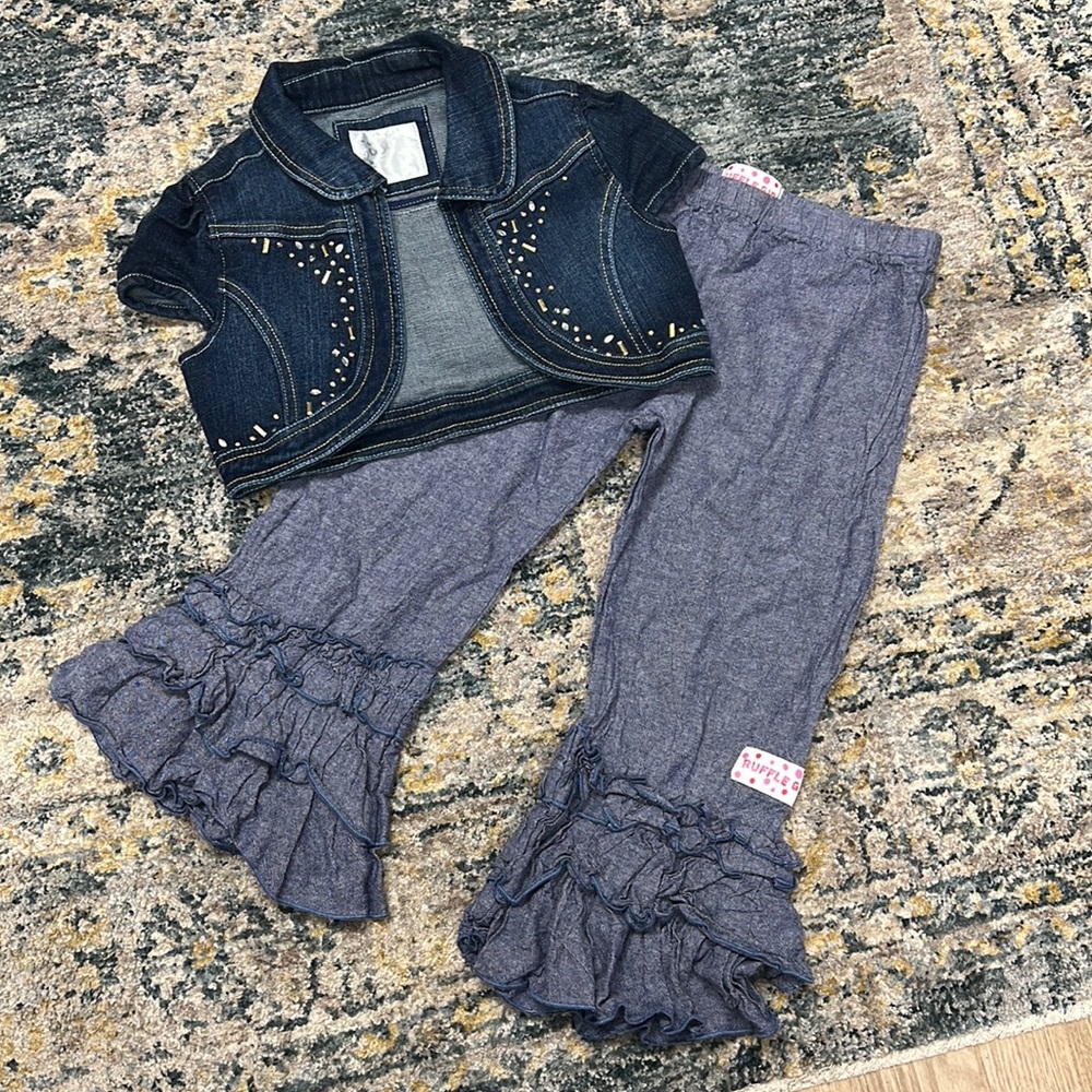 Little girls size 8/10 jean crop jacket and ruffle denim look ruffle bottoms